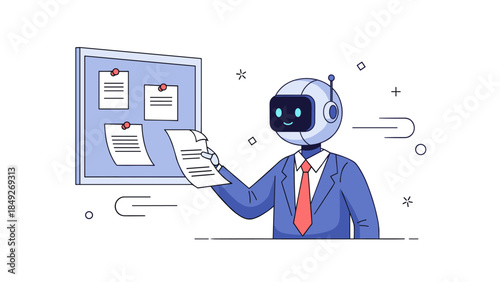 Smiling cartoon robot in suit holding documents in office setting