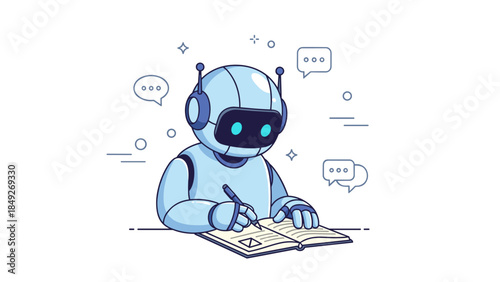 Robot writing in notebook with speech bubbles and communication icons