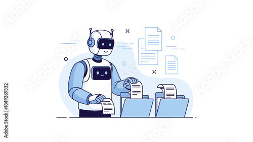 Friendly robot organizing files with ai technology in office setting