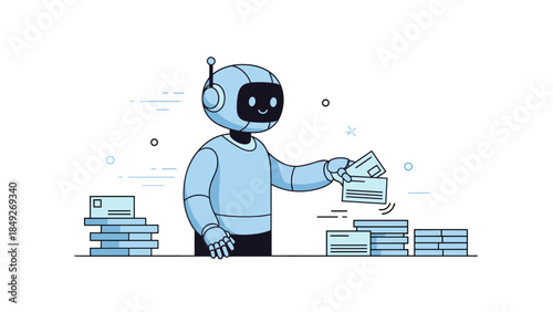 Cartoon robot organizing papers in office setting with books