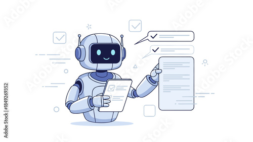 Friendly robot analyzing data with checklists and documents