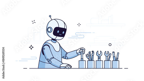 Cute robot organizing tools at desk in minimalist style illustration