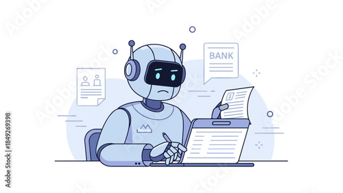 Robot analyzing documents at desk with digital interface and bank paperwork