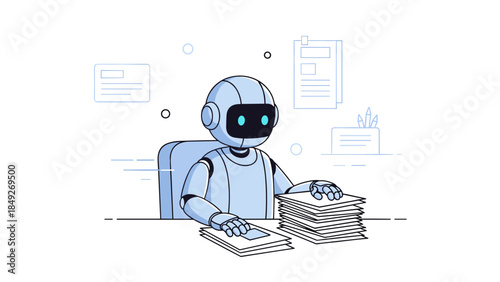 Humanoid robot organizing documents at desk in office setting