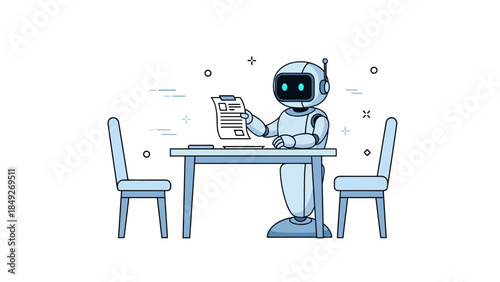 Futuristic robot reviewing document in office with chairs