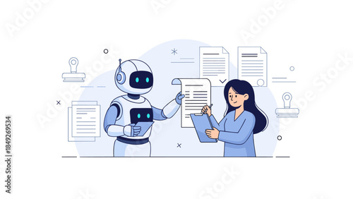 Female asian adult interacting with robot assistant, document collaboration