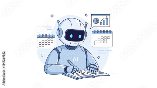 Ai robot analyzing data and managing tasks in a digital environment