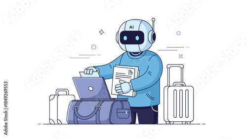 Ai robot packing luggage for travel with laptop and documents