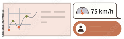 Line graph tracking performance trends, speedometer displaying 75 kmh and user profile interface. Ideal for analytics, performance tracking, transportation, user metrics, statistics, dashboards