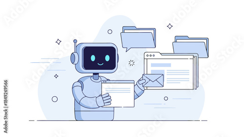 Friendly robot interacting with digital files and emails in a futuristic setting