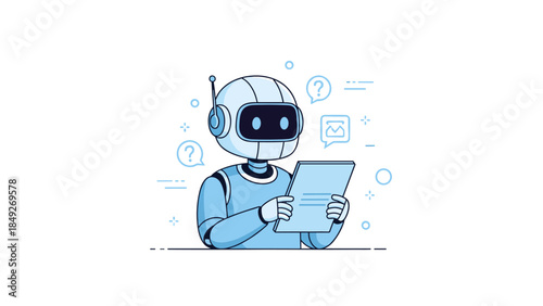 Illustration of a robot reading a tablet with question marks