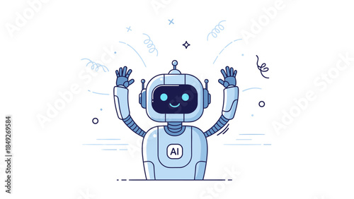 Cheerful ai robot with raised arms and happy expression