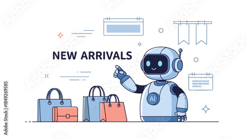 Cute ai robot shopping assistant promoting fashion with shopping bags and new arrivals