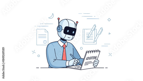 Robot writing advertising content with notepad in office setting