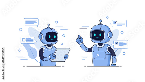 Friendly robots communicating with tablets and gestures in futuristic scene