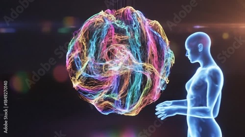 Abstract illustration of a human figure with energy lines digital artwork concept for science or technology