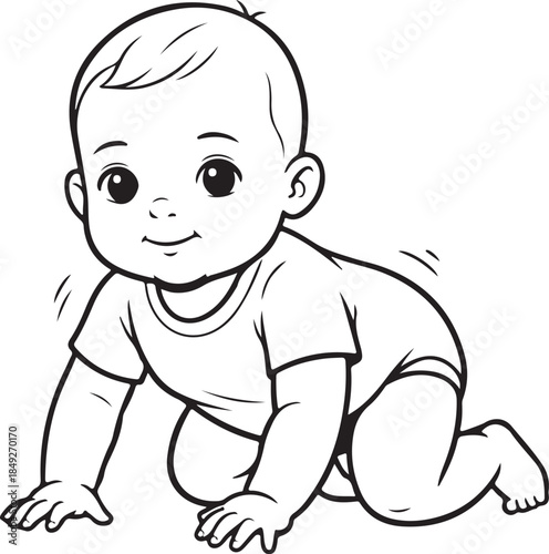 Happy baby learning to crawl illustration, cute infant smiling, first steps milestone, simple line art, character design element.