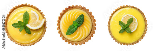 Top View of Delightful Lemon Tart with Mint Garnish Isolated on Transparent Background
