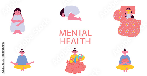 Mental health self care illustration set. People practicing meditation, rest and emotional balance. Modern flat style for psychology, wellness, education and mental health awareness content.