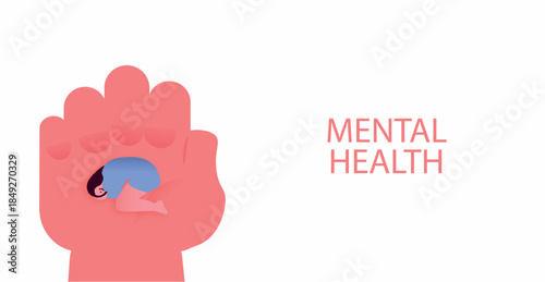 Mental health protection concept illustration. Human hand symbolizing care, support and emotional safety. Modern flat design for psychology, therapy, healthcare and mental health awareness projects.