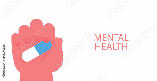 Mental health treatment concept illustration. Hand holding pill as symbol of therapy, medication and psychological care. Flat modern design for healthcare, psychology and medical awareness projects.