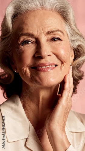 Elderly woman portrait with soft lighting and gentle expression on pink background