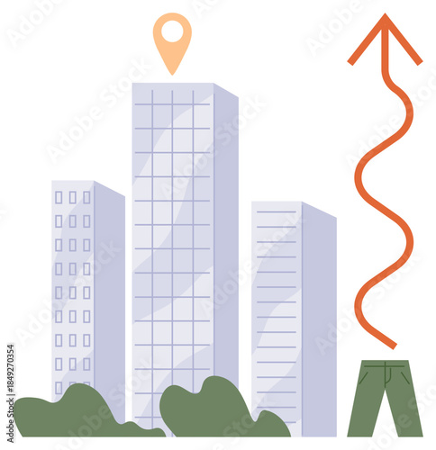High-rise buildings surrounded by greenery, upward arrow symbolizing progress, location marker at top. Ideal for urban development, business growth, direction, navigation, progress, success simple