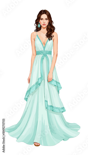 Elegant Fashion Illustration of a Woman in a Flowing Light Blue Evening Gown with V-neckline and Delicate Lace Details on a Crisp White Background