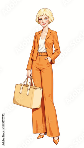 Stylish Illustration of a Blonde Woman in an Elegant Orange Suit Holding a Chic Beige Handbag and Posing with Confidence