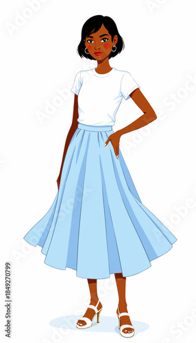 Stylish Woman Wearing Casual White T-Shirt and Flowing Blue Skirt with Hands in Pocket and Elegant Pose