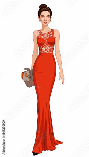 Elegant Illustration of a Woman in a Red Evening Gown with Intricate Lace Design and Stylish Updo, Holding a Handbag, Exuding Sophistication and Glamour