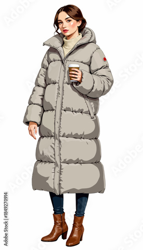 Stylish Woman in Cozy Puffer Jacket Holding Coffee Cup in Winter Fashion Scene with Brown Ankle Boots and Warm Casual Attire