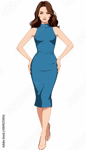 Illustrated woman in a sleek, blue sleeveless dress with brown flowing hair, striking a confident pose, embodying modern elegance and fashion-forward style