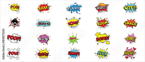 Comic sound bubbles. Cartoon action words, boom, oops and pow, lol. Retro comic book text bubbles with halftone vector set. Expression of emotions in pop art style elements