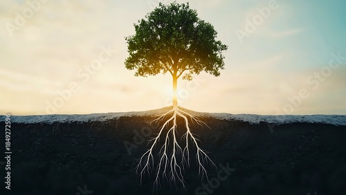 A lone tree showcasing a strong root system reaching into the ground with the sun in background