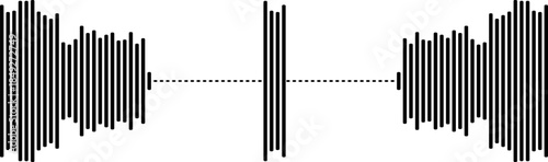 Abstract sound wave visualization with two symmetrical audio signal patterns connected by a dashed line, representing audio transmission or communication concept