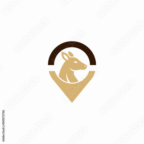 Kangaroo head within a location pin icon in brown and beige.