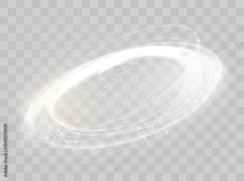Circular lens flare. Transparent light effect. Line of rotation of light. Magical sparkling vortex trail. Light twirl. Luminous circle portal. Vector