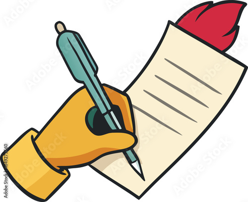 Retro Gloved Hand Writing Love Letter with Quill Pen Vector Illustration