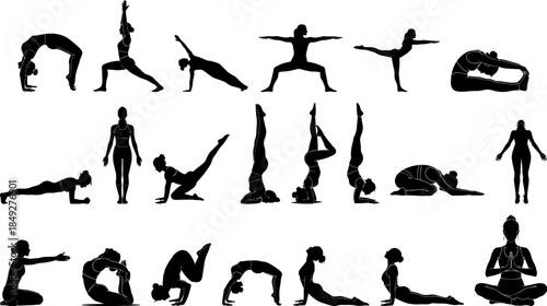 Grunge Silhouette Various Yoga Poses Collection Asana Sport Exercise Illustration