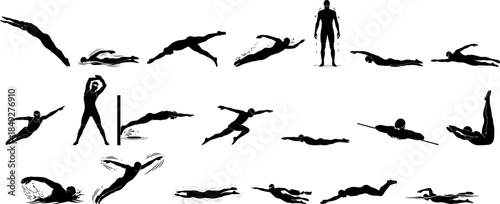Grunge Silhouette Style Diverse Swimmer Action Sport Activity Illustration