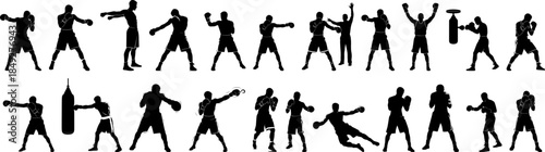 Silhouette Action Boxer Man Practicing Sport Training Pose Collection Set