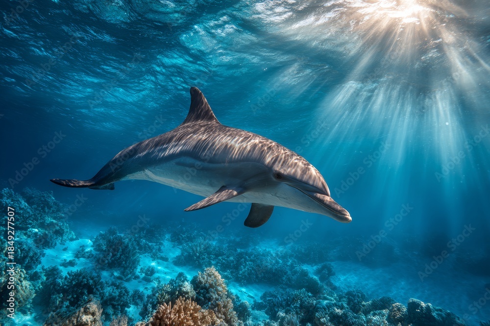 Fototapeta premium Dolphin Swims Through Clear Water With Coral Reefs and Sun Rays Shining Down on a Vibrant Underwater Scene