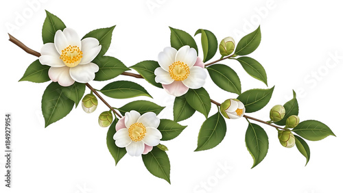White Camellia Flowers with Green Leaves and Buds isolated on a transparent background white flowers