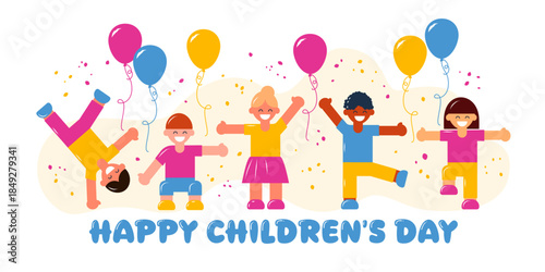 Children's Day, confettihappy children and flying helium balloons. World Children's Day. Boys and girls. International Day of Happiness and joy. Celebration Poster. Vector Illustration