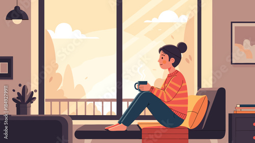 A serene woman enjoying a warm drink while relaxing on a couch by a large window, looking out at a peaceful view.