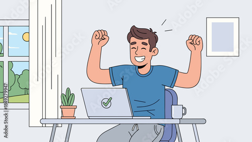 A happy man celebrating success while working on his laptop at a desk in a bright room.