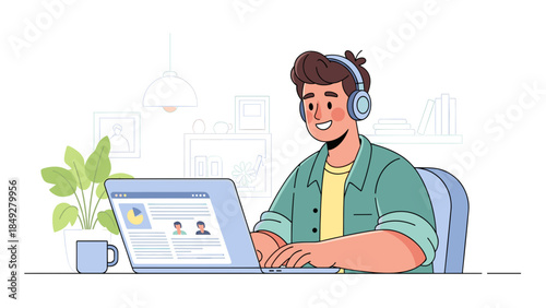 A smiling man wearing headphones works on his laptop at a desk, engaged in an online meeting or virtual class.