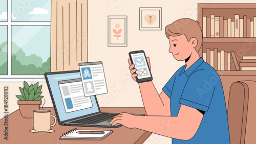 A man is working from home, using a laptop and a smartphone simultaneously, managing online profiles or social media content in a cozy room.