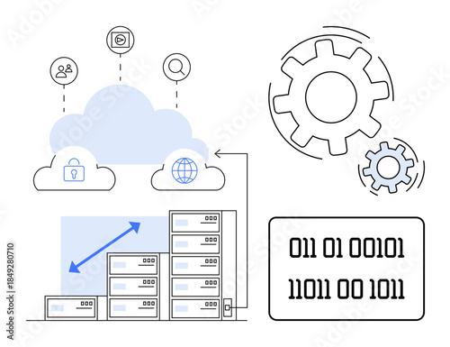 Cloud computing, servers, data storage, technology scalability, security, digital services. Servers and binary code with cloud and gear icons. Cloud computing and servers concept